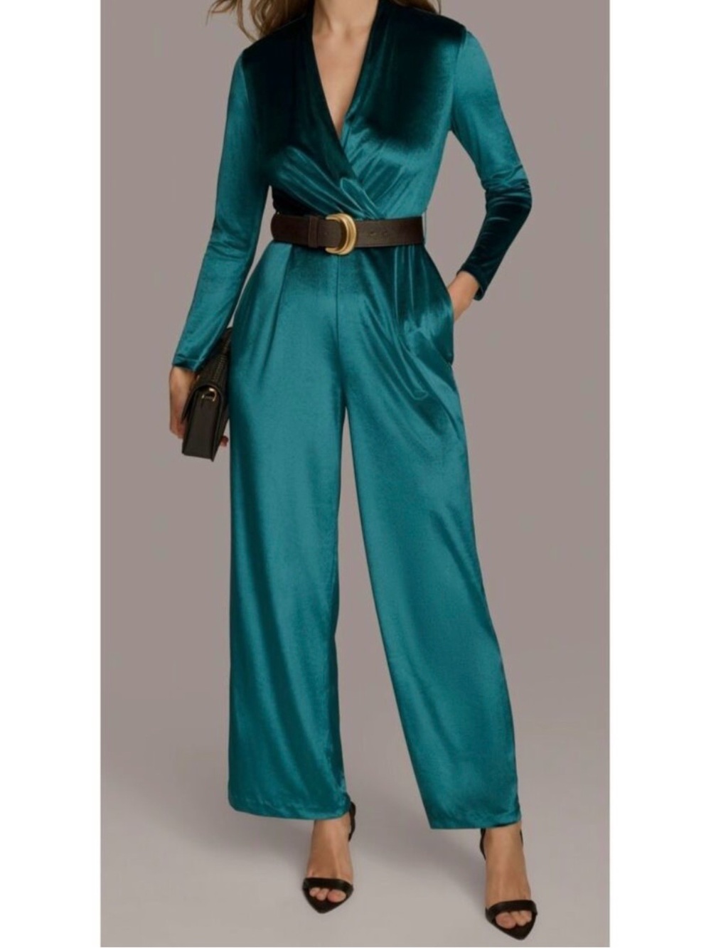 Donna Karan Teal velvet Wrap-Front Wide-Leg Jumpsuit - Picture 4 of 9